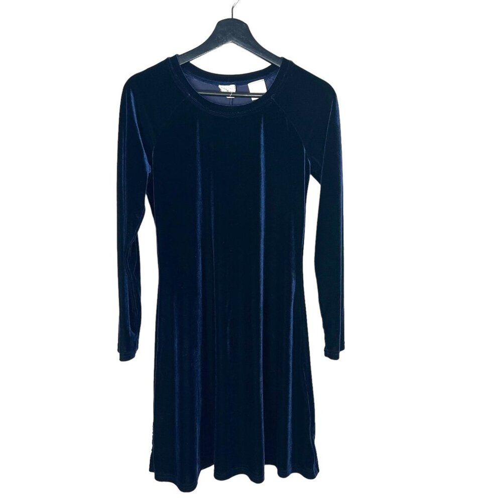 Vintage 90s Blue Velvet Long Sleeve A Line Knee Length Dress Small